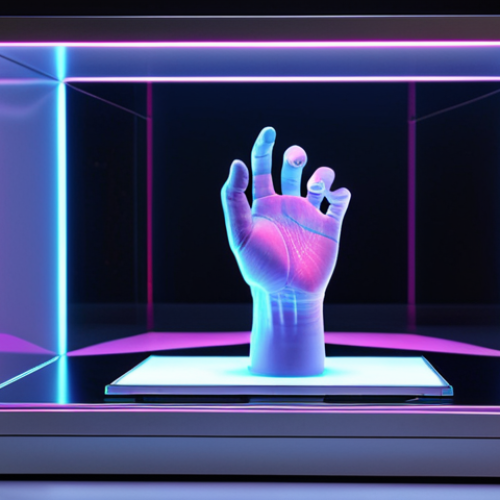 Home 23 **Prompt:** A sleek, futuristic holographic display showcasing a 3D product model in a brightly lit studio setting. Focus on the clarity and detail of the hologram, highlighting the advanced technology. Emphasis on high resolution and vivid colors with interactive features (gestures, voice) being highlighted. This image demonstrates the professional application.