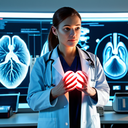 Home 22 A professional female doctor, fully clothed in a clean medical lab coat, standing in a brightly lit, modern medical research facility. She is looking intently at a detailed, luminous holographic projection of a human heart floating in the air before her, with one hand slightly extended as if naturally interacting with it. The background features advanced medical equipment and soft, futuristic lighting. perfect anatomy, correct proportions, natural pose, well-formed hands, proper finger count, natural body proportions, safe for work, appropriate content, fully clothed, professional, high-resolution, futuristic photography, ultra-realistic, crisp details.