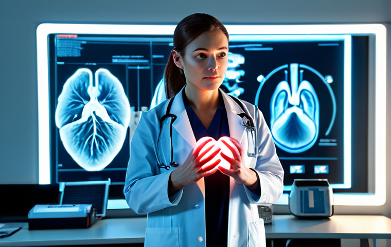 A professional female doctor, fully clothed in a clean medical lab coat, standing in a brightly lit, modern medical research facility. She is looking intently at a detailed, luminous holographic projection of a human heart floating in the air before her, with one hand slightly extended as if naturally interacting with it. The background features advanced medical equipment and soft, futuristic lighting. perfect anatomy, correct proportions, natural pose, well-formed hands, proper finger count, natural body proportions, safe for work, appropriate content, fully clothed, professional, high-resolution, futuristic photography, ultra-realistic, crisp details.