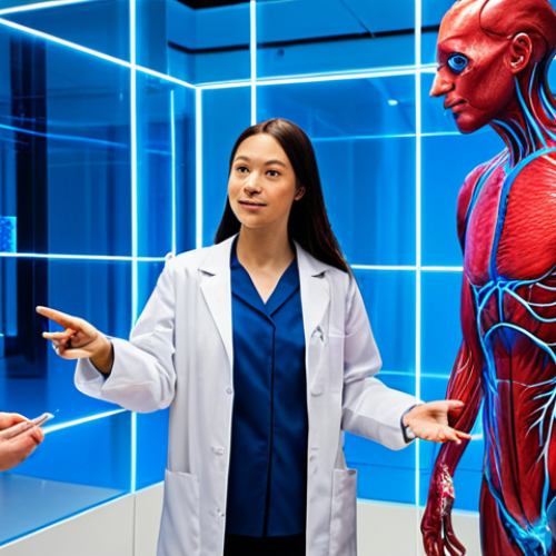 Home 21 A group of diverse, professional-looking university students and their instructor in a bright, futuristic university science laboratory. They are gathered around a floating, highly detailed holographic projection of the human circulatory system, which appears in vibrant red and blue hues. One student points with an open hand gesture towards a specific vessel within the hologram, while the instructor observes. All subjects are fully clothed in modest, professional casual attire and clean lab coats. The scene captures a professional photography style with high detail, realistic lighting, volumetric effects, safe for work, appropriate content, perfect anatomy, correct proportions, natural pose, well-formed hands, proper finger count, natural body proportions.