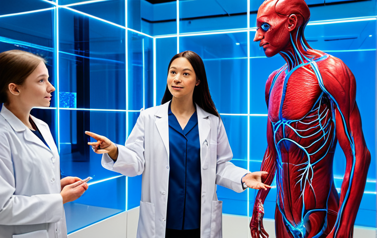 A group of diverse, professional-looking university students and their instructor in a bright, futuristic university science laboratory. They are gathered around a floating, highly detailed holographic projection of the human circulatory system, which appears in vibrant red and blue hues. One student points with an open hand gesture towards a specific vessel within the hologram, while the instructor observes. All subjects are fully clothed in modest, professional casual attire and clean lab coats. The scene captures a professional photography style with high detail, realistic lighting, volumetric effects, safe for work, appropriate content, perfect anatomy, correct proportions, natural pose, well-formed hands, proper finger count, natural body proportions.