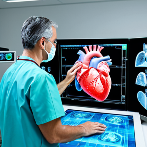 Home 10 Holographic Medical Visualization**
"A professional doctor in a modern, well-lit hospital room examines a detailed holographic projection of a human heart, fully clothed in scrubs, appropriate attire, safe for work, perfect anatomy, correct proportions, natural pose, professional lighting, high quality, focused on the holographic heart, diagnostic tools visible in the background, family-friendly, modest environment."
**