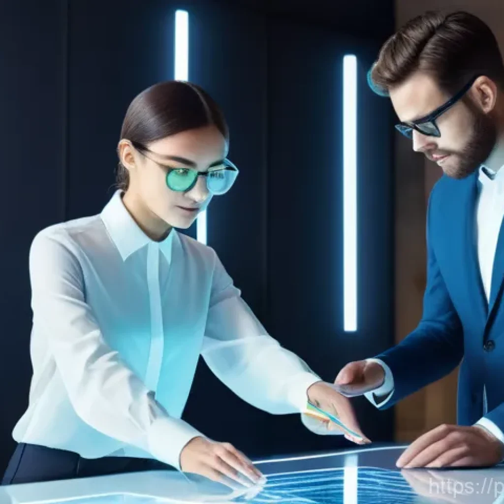 홀로그램 디스플레이의 산업별 응용 사례 - **Prompt 1: Futuristic Collaborative Workspace with Holographic Display**
    "A bright, modern offi...