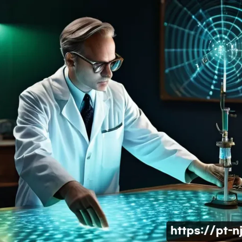홀로그램 디스플레이와 인터랙티브 기술 - A scholarly male scientist, reminiscent of Dennis Gabor in his late 40s, is meticulously observing a...