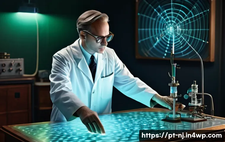 홀로그램 디스플레이와 인터랙티브 기술 - A scholarly male scientist, reminiscent of Dennis Gabor in his late 40s, is meticulously observing a...