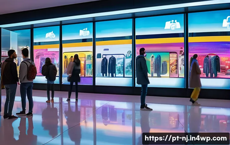 홀로그램 디스플레이의 다양한 형태 분석 - A futuristic cityscape at night featuring a large holographic advertisement display in a busy Brazil...
