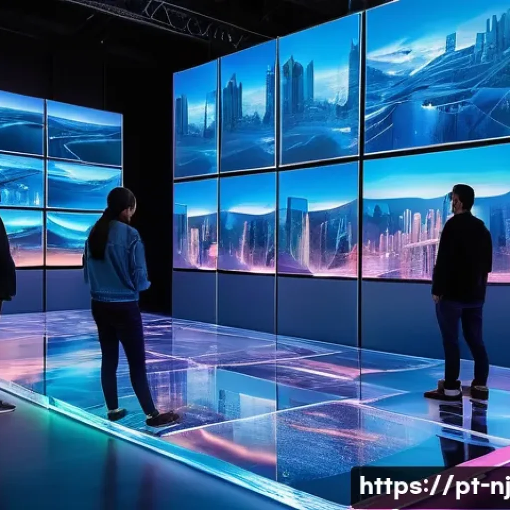 홀로그램 디스플레이와 인터랙티브 아트 - A futuristic urban exhibition space showcasing interactive holographic art installations, with diver...