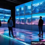 Home 19 홀로그램 디스플레이와 인터랙티브 아트 - A futuristic urban exhibition space showcasing interactive holographic art installations, with diver...