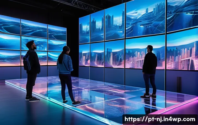 홀로그램 디스플레이와 인터랙티브 아트 - A futuristic urban exhibition space showcasing interactive holographic art installations, with diver...