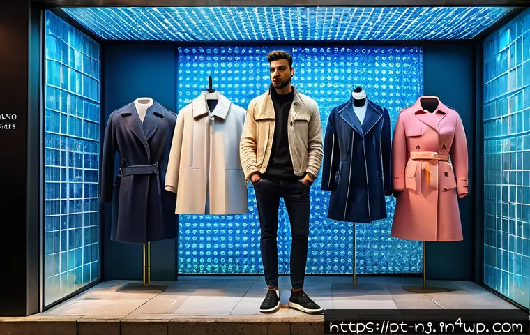 홀로그램 디스플레이와 광고의 혁신 - A futuristic retail store window in Lisbon, Portugal, featuring an interactive hologram of a fashion...