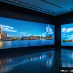 Home 23 홀로그램 디스플레이의 제작 비용 계산법 - A sleek, modern holographic display setup in a corporate event hall, featuring transparent LED scree...