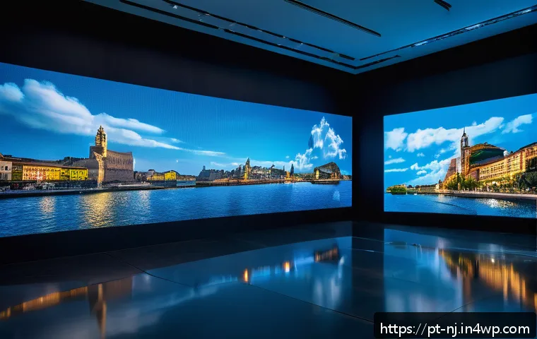 홀로그램 디스플레이의 제작 비용 계산법 - A sleek, modern holographic display setup in a corporate event hall, featuring transparent LED scree...